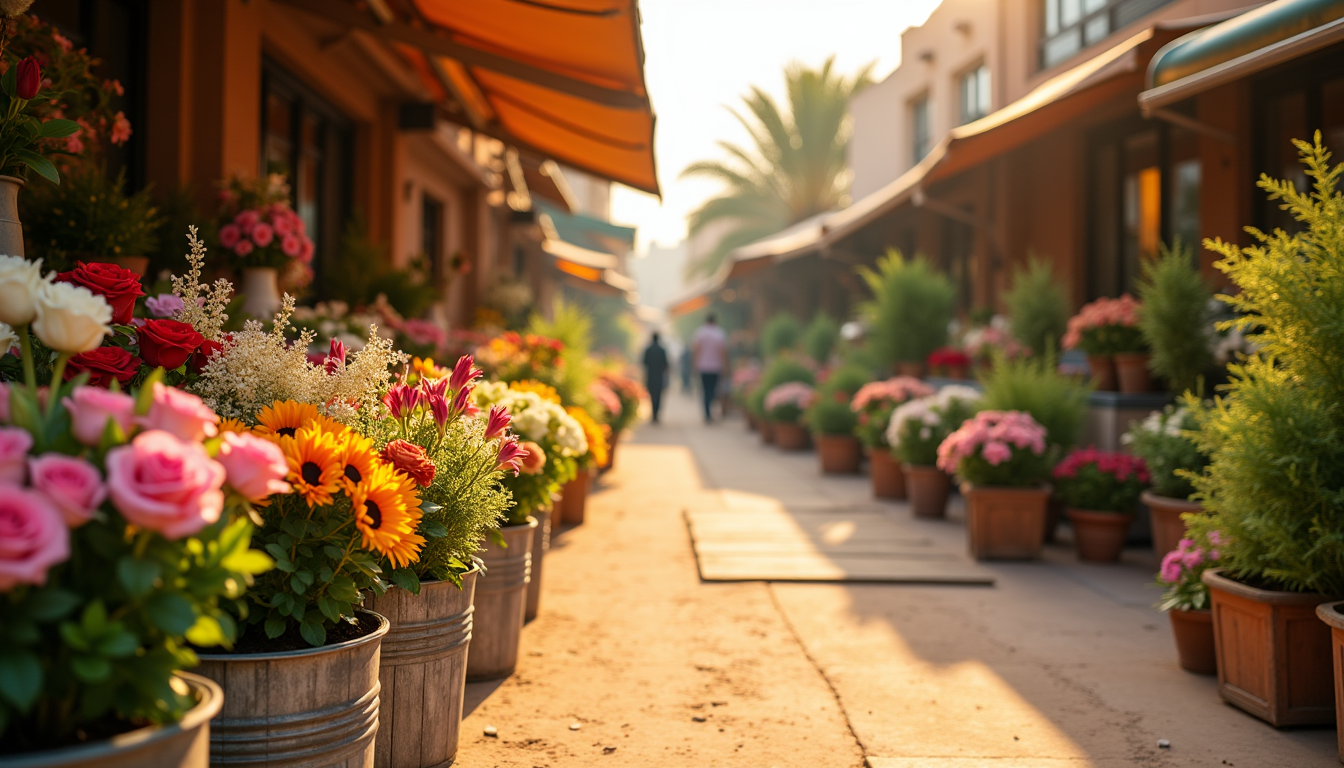 Sunlit rows of fresh cut roses and greenery stacked outside a wholesale flower stall in Dubai's Al Warsan market district