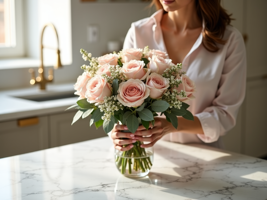 Florist arranging luxury bouquet of pink garden roses, white peonies, and eucalyptus on a marble counter — Upscale & Posh, Dubai