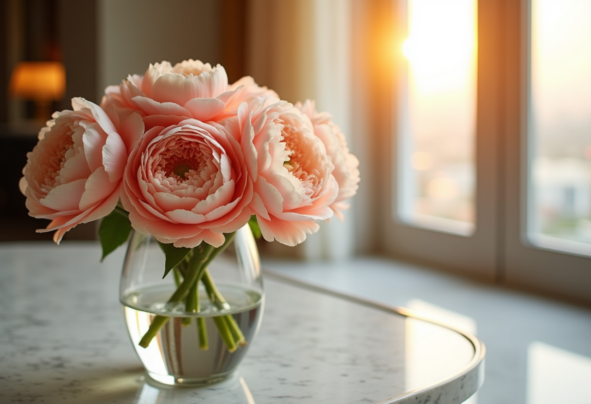 Luxury bouquet of blush, peach and coral ranunculus in a glass vase on a marble table in a bright Dubai apartment