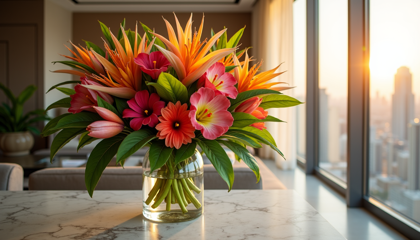 Luxury tropical flower arrangement with birds of paradise and anthuriums in a modern Dubai penthouse