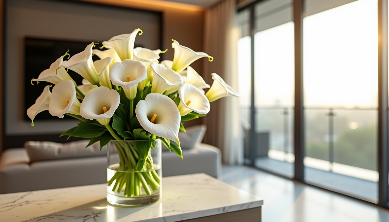 White calla lily arrangement in a glass vase in a luxury Dubai apartment