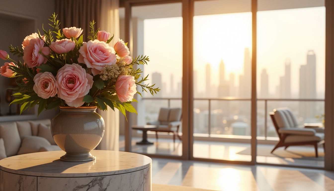 Luxury flower arrangement of blush garden roses, ranunculus and pale pink tulips in a Dubai living room at golden hour