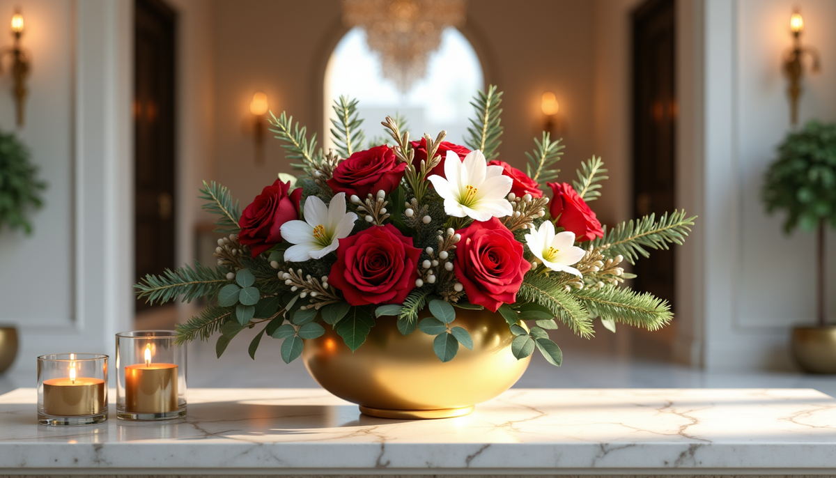 Luxury red rose, white blooms and evergreen foliage in a gold vessel on a marble console in a Dubai villa entrance