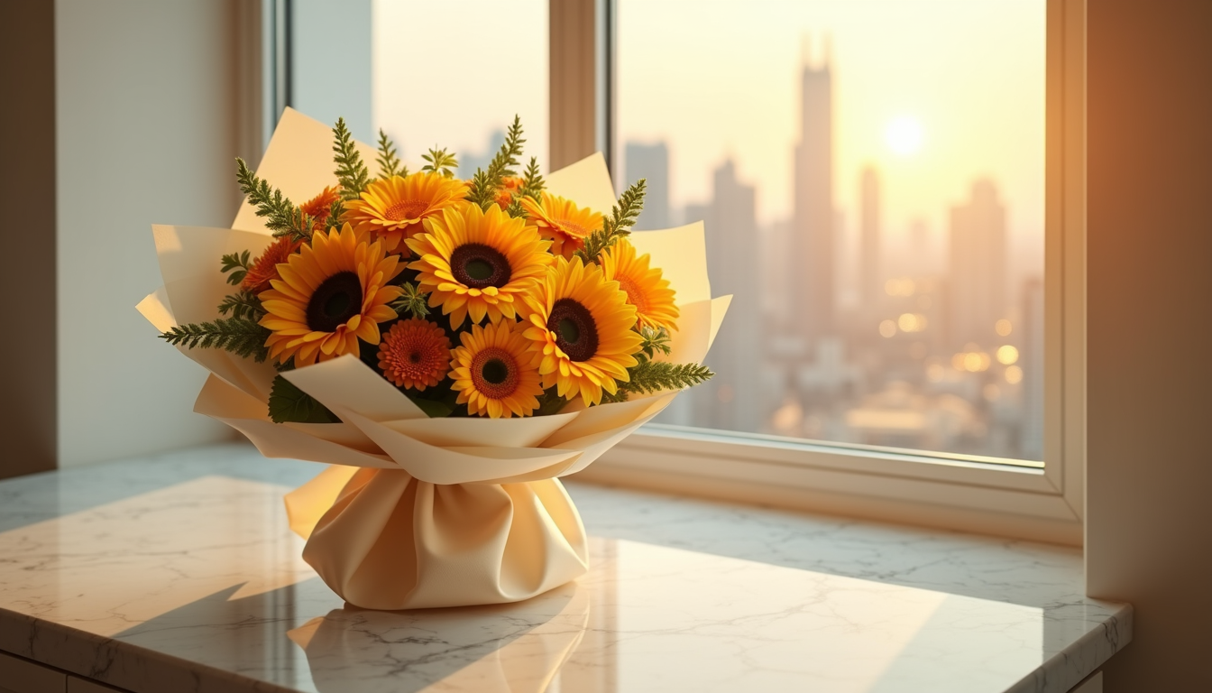 Luxury congratulations bouquet of yellow roses and sunflowers on a marble table with the Dubai skyline behind