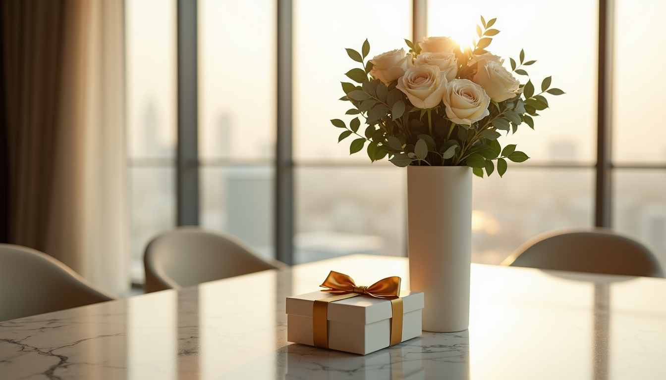 Luxury corporate flower gift arrangement on a marble boardroom table in a modern Dubai office