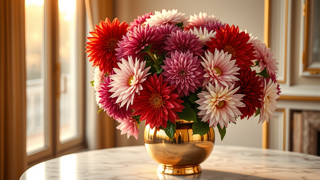Dahlia flower meaning - luxury dahlia arrangement with red pink purple and white dahlias