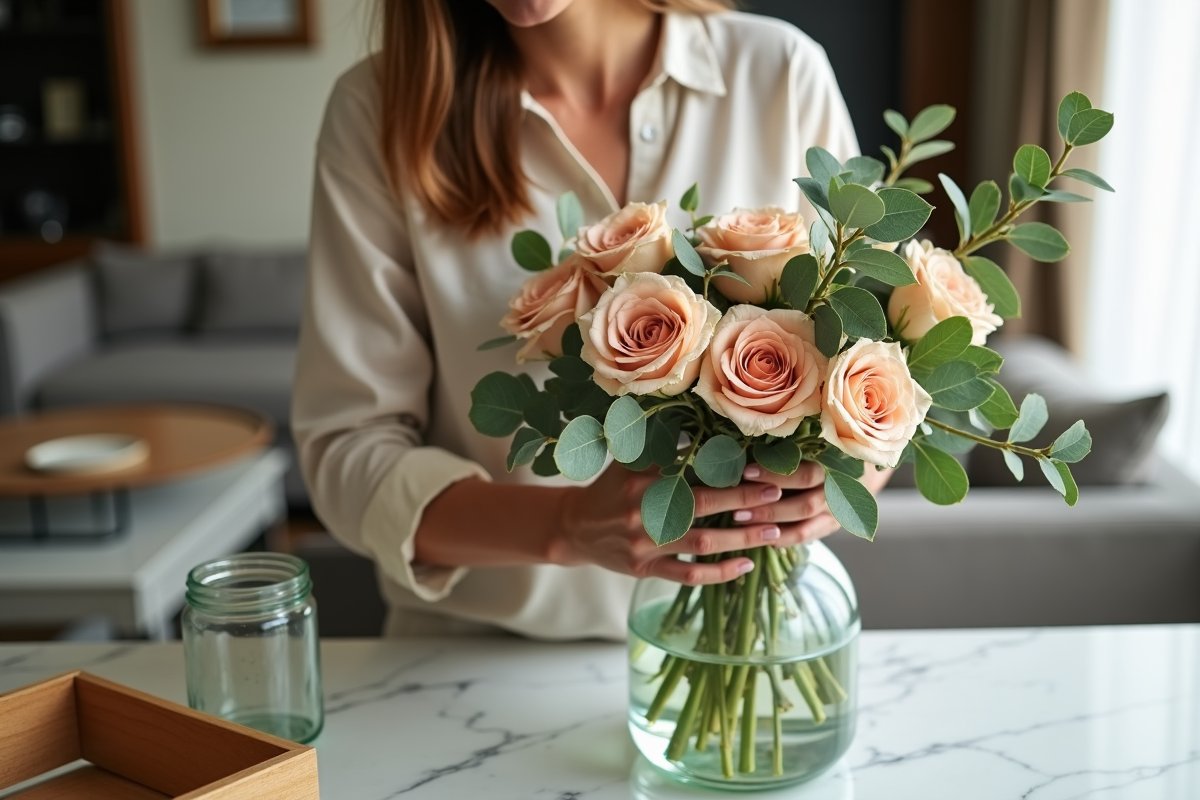 Deconstructing a faded bouquet on a marble counter in a Dubai apartment