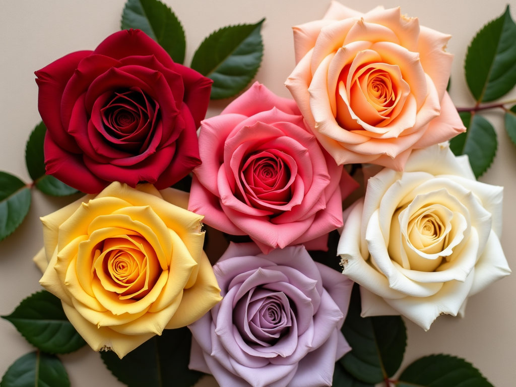 Luxury arrangement of red, pink, yellow, white, and lavender roses on cream linen by Upscale & Posh Dubai