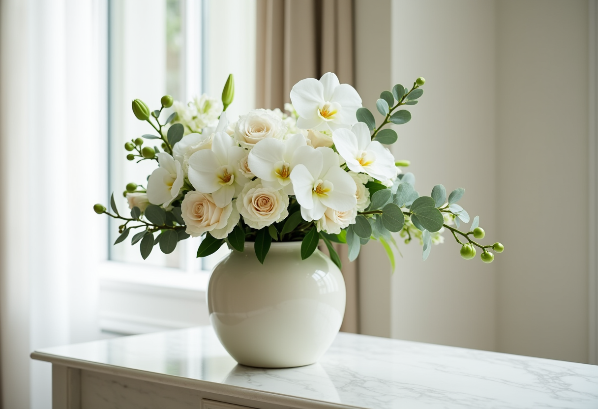 White sympathy flower arrangement of lilies, roses and orchids in a cream vase