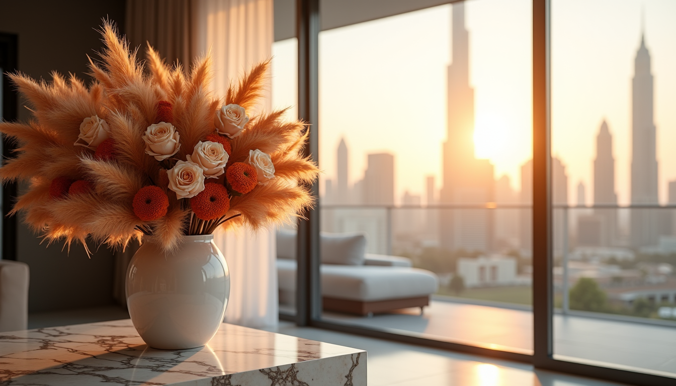 Dried flower arrangement in a luxury Dubai apartment living room, warm golden hour light, Upscale and Posh