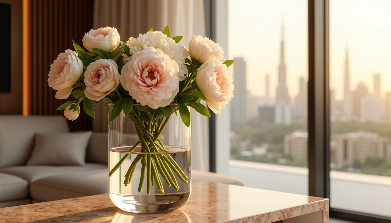 Luxury flower vase styled with white peonies and blush roses on a marble console table in a Dubai home, Upscale & Posh