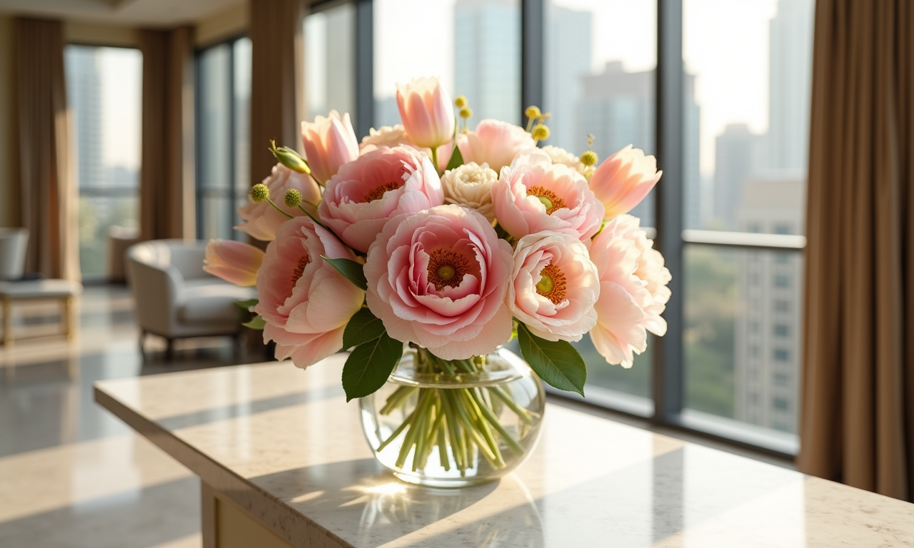 Seasonal flower arrangement of peonies, tulips and roses on a marble table in a bright Dubai apartment