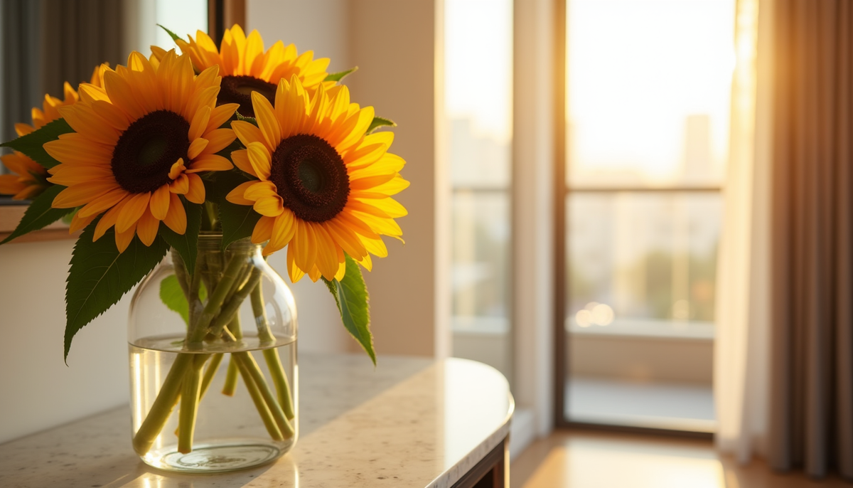 A golden sunflower bouquet in a clear glass vase on a marble console table in a sunlit Dubai apartment, warm golden light