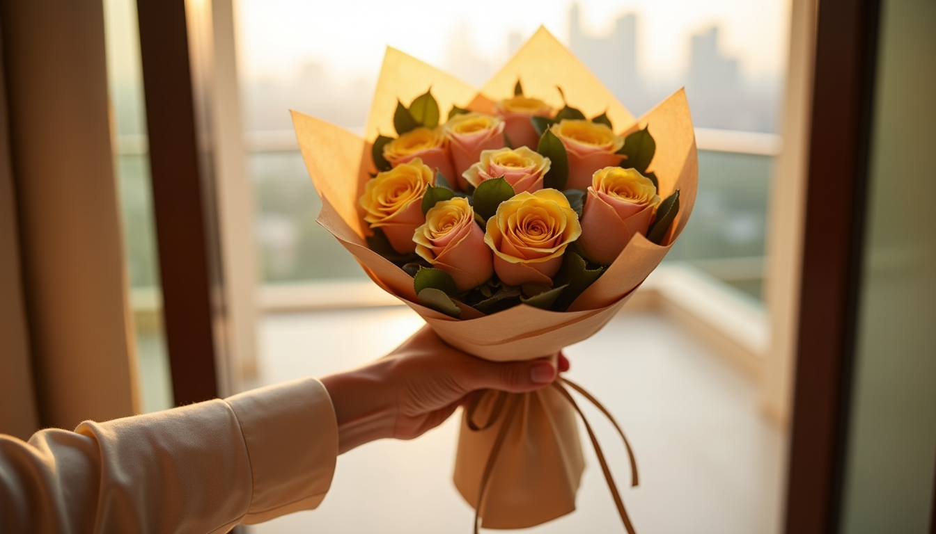 Elegant thank you bouquet of yellow and peach roses ready for same-day delivery in Dubai