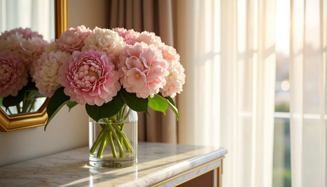 Pink and white hydrangea arrangement in a glass vase on a marble console in a Dubai apartment