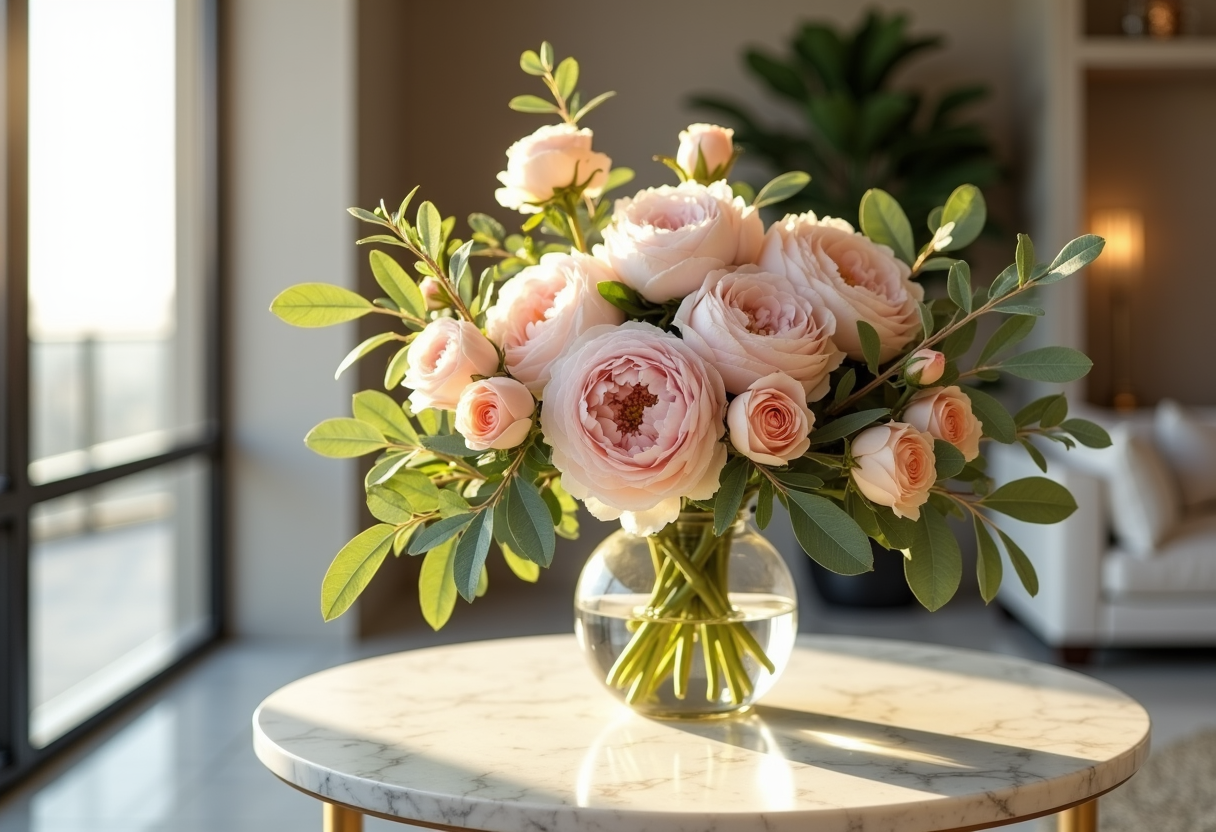 Fresh peonies and roses in a vase on a marble table in a bright Dubai apartment