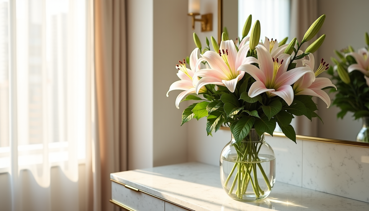 Luxury white and pink oriental lily bouquet in a tall glass vase on a marble console in a Dubai home