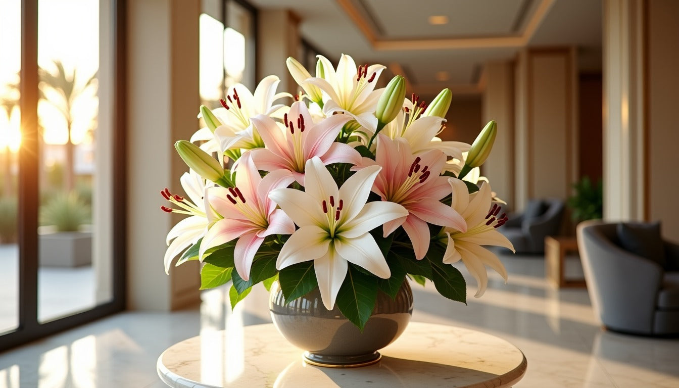 Elegant arrangement of white and blush-pink Oriental lilies with open star-shaped blooms in a marble vase, set in a sunlit luxury Dubai hotel lobby