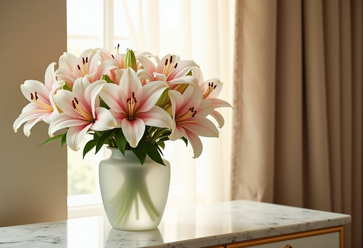 White and pink oriental lilies in a glass vase, luxury flower delivery Dubai