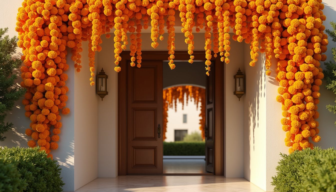 Fresh orange and yellow marigold garlands hung across a Dubai villa doorway for Diwali