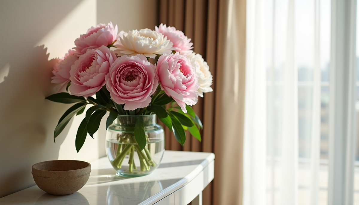 Lush pink and white peony bouquet arranged in a glass vase on a marble console in a bright Dubai apartment