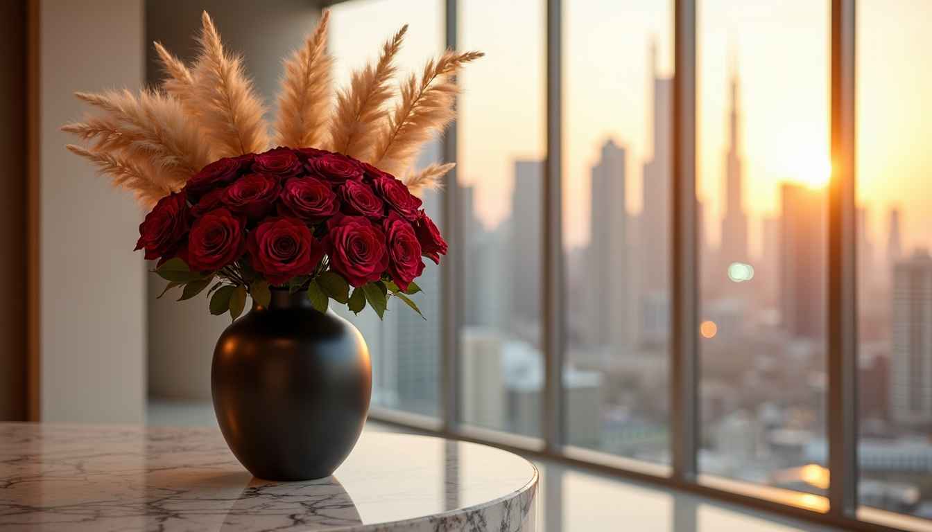 Preserved roses and dried flower arrangement in a luxury Dubai penthouse