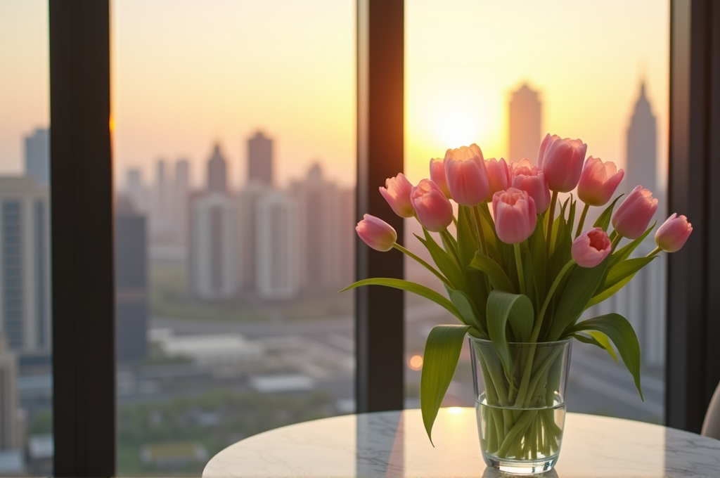 Luxury pastel tulip arrangement in a modern Dubai apartment