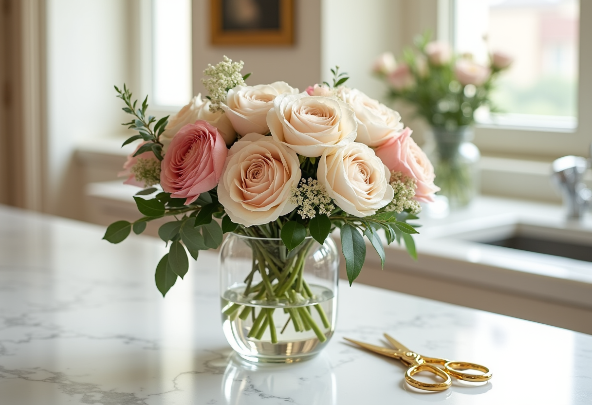 Luxury rose and peony arrangement in a glass vase on marble in a bright Dubai kitchen