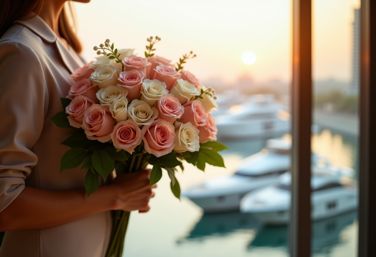 Luxury flower courier delivering a bouquet at a Dubai Marina residential tower
