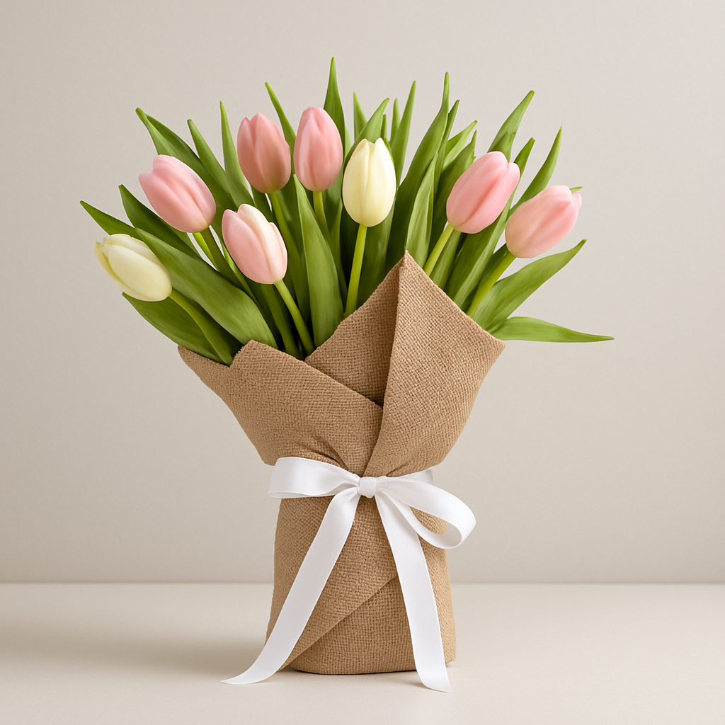 20 Pastel Tulips Burlap Wrapped Bouquet #Size_Classic