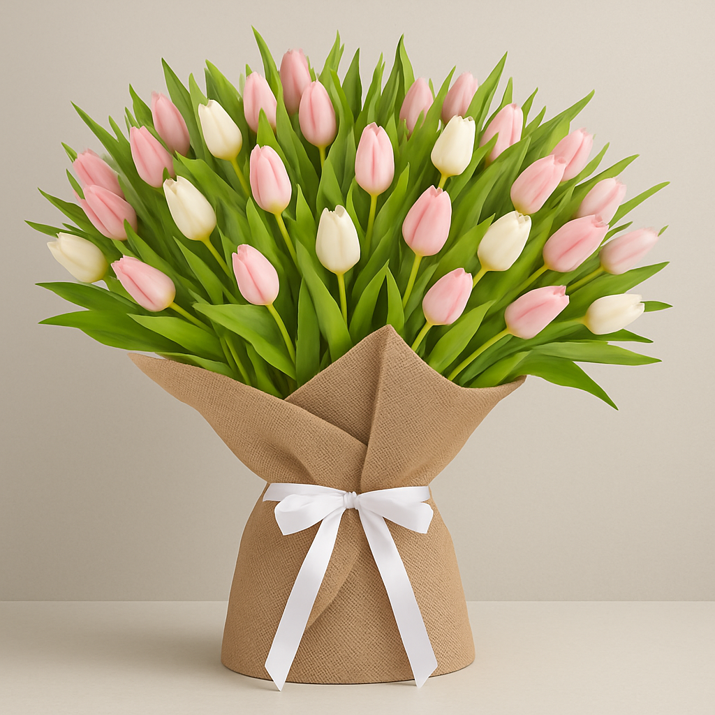 20 Pastel Tulips Burlap Wrapped Bouquet #Size_Deluxe
