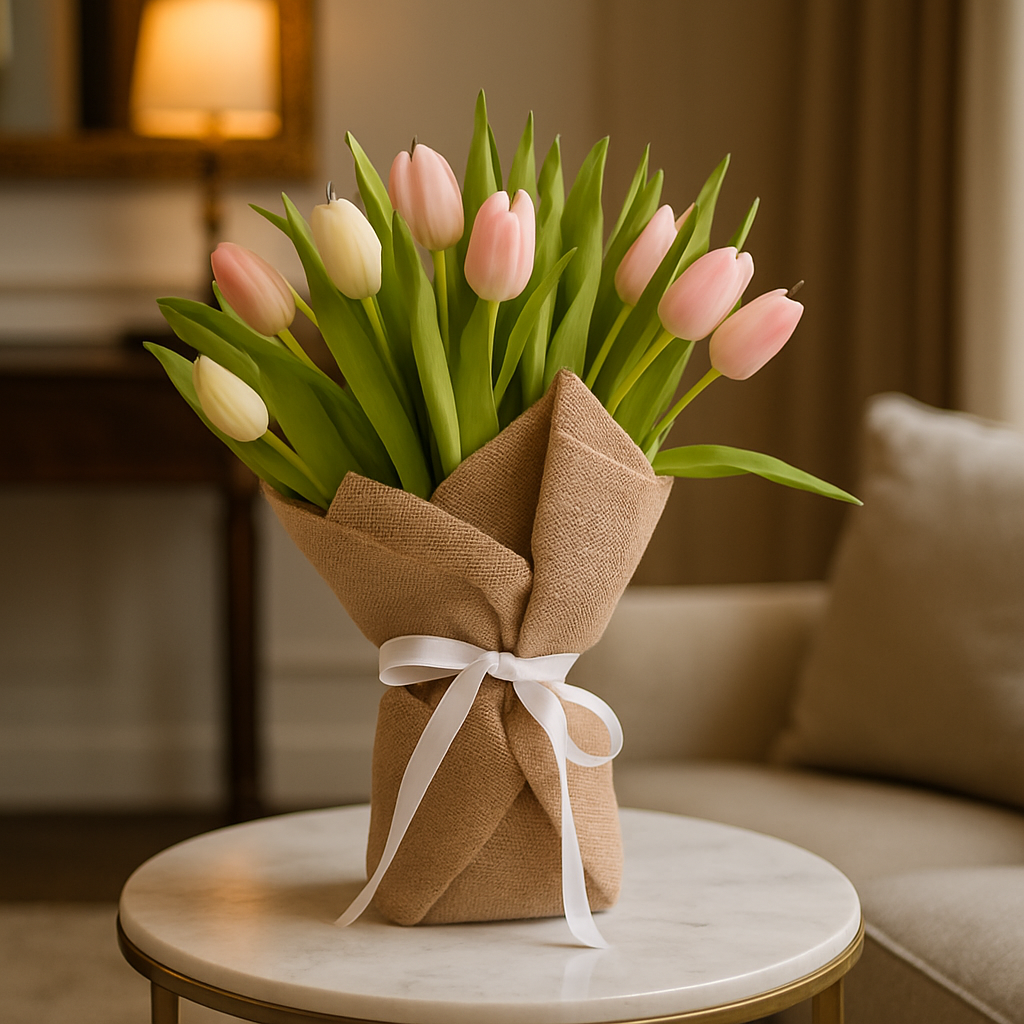 20 Pastel Tulips Burlap Wrapped Bouquet