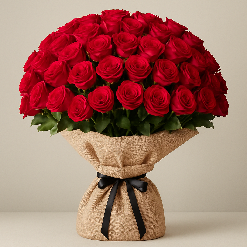 40 Red Ecuador Roses Burlap Wrapped Bouquet #Size_Grand