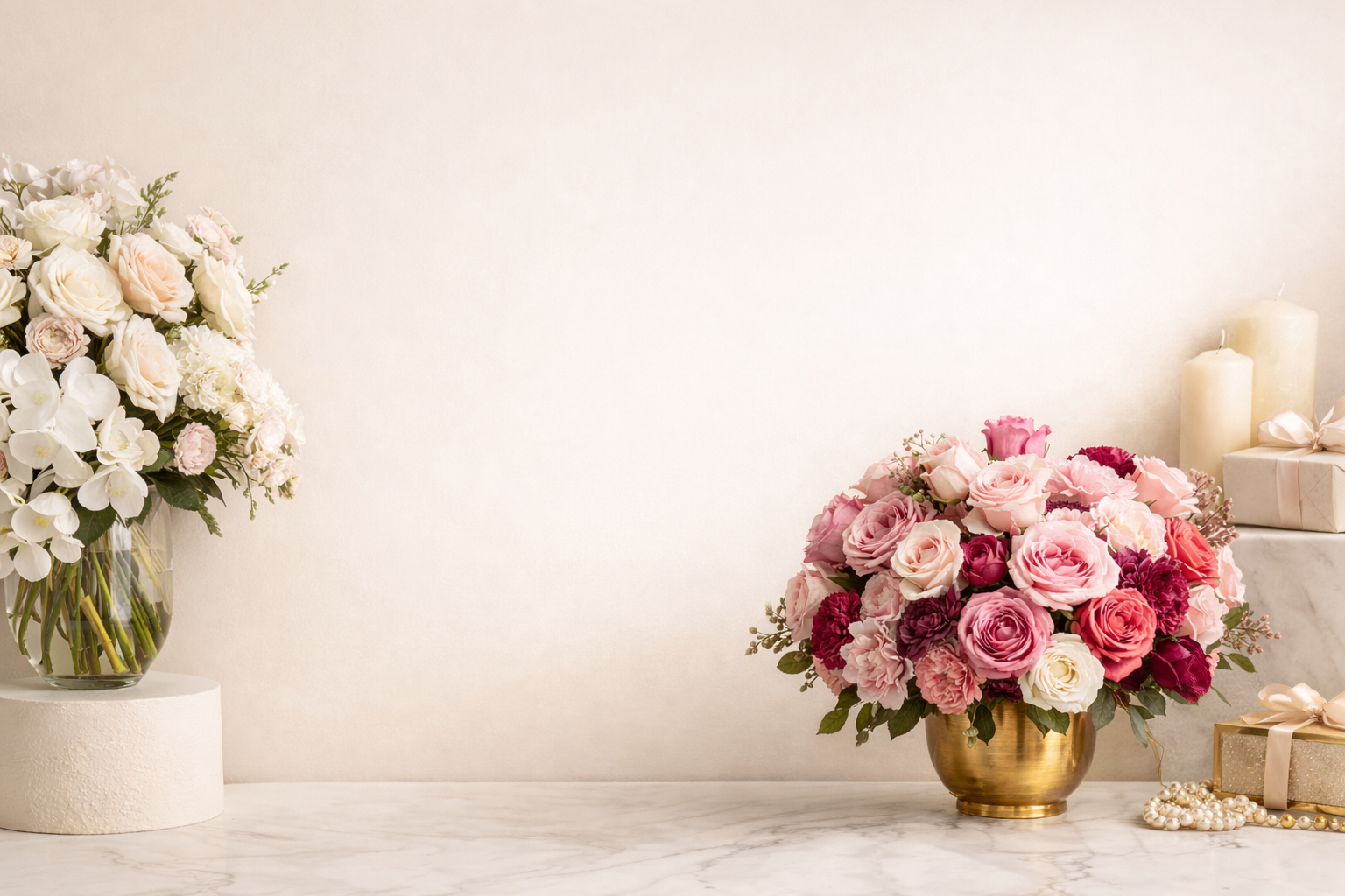 Two flower arrangements on a light surface with a neutral background