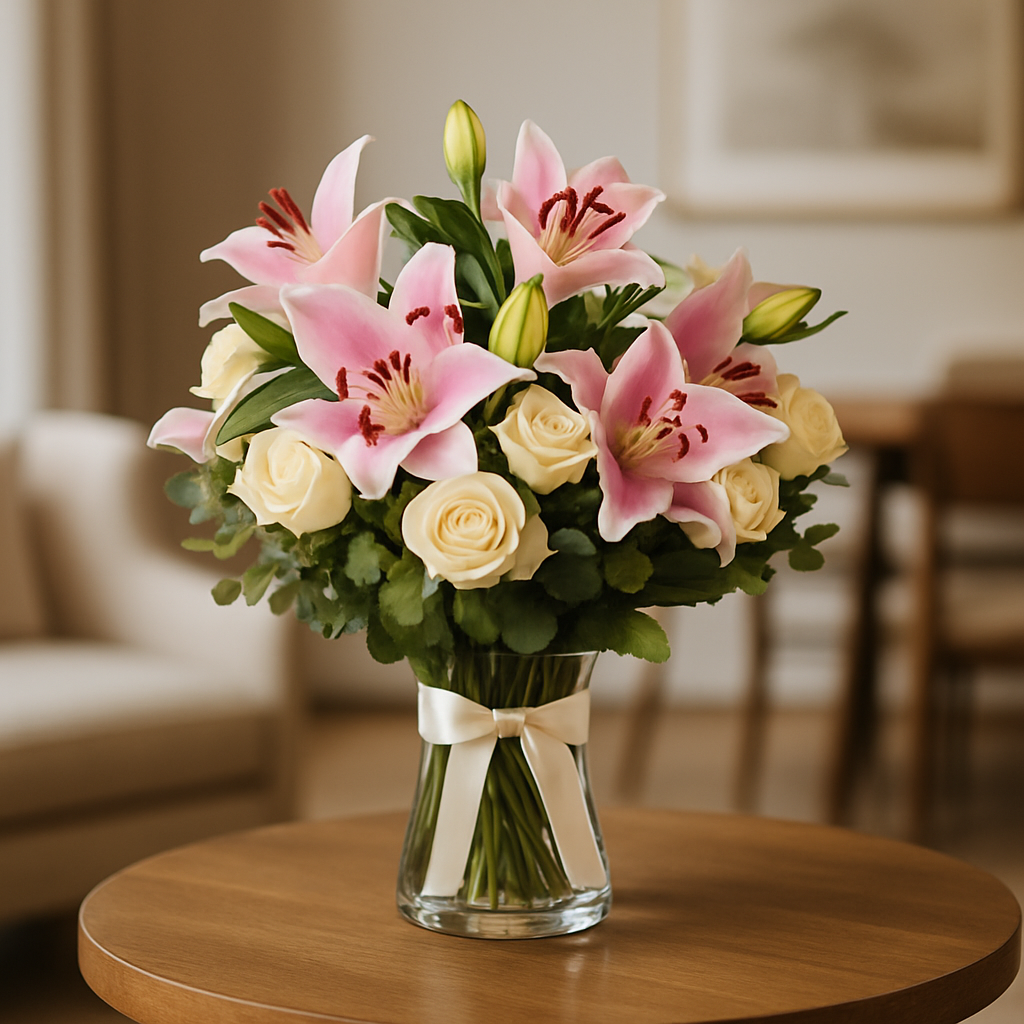 Bright Dreams – Birthday Roses And Lilies Vase Arrangement