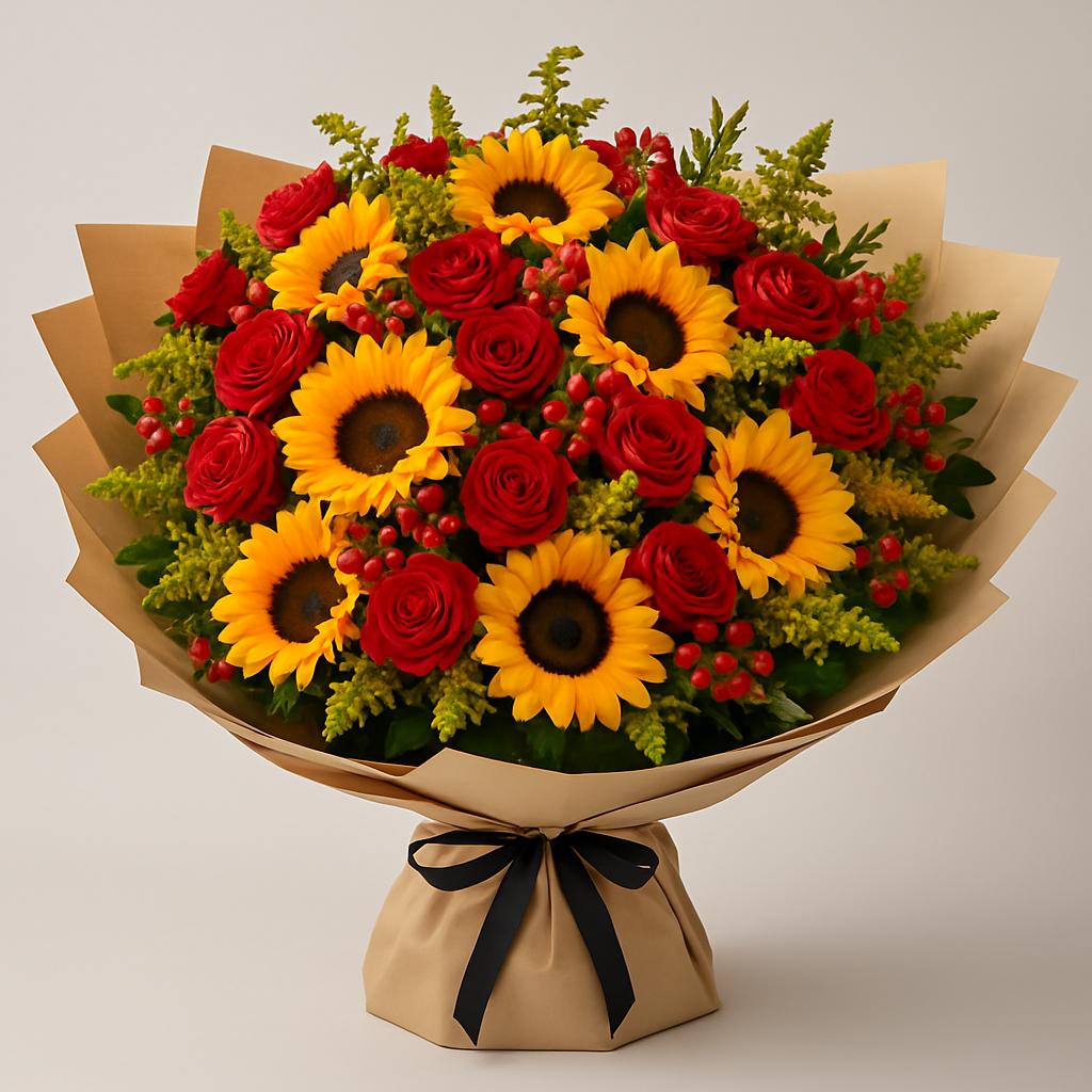 Brighten Your Day – Birthday Roses And Sunflowers Hand-Tied Bouquet #Size_Grand