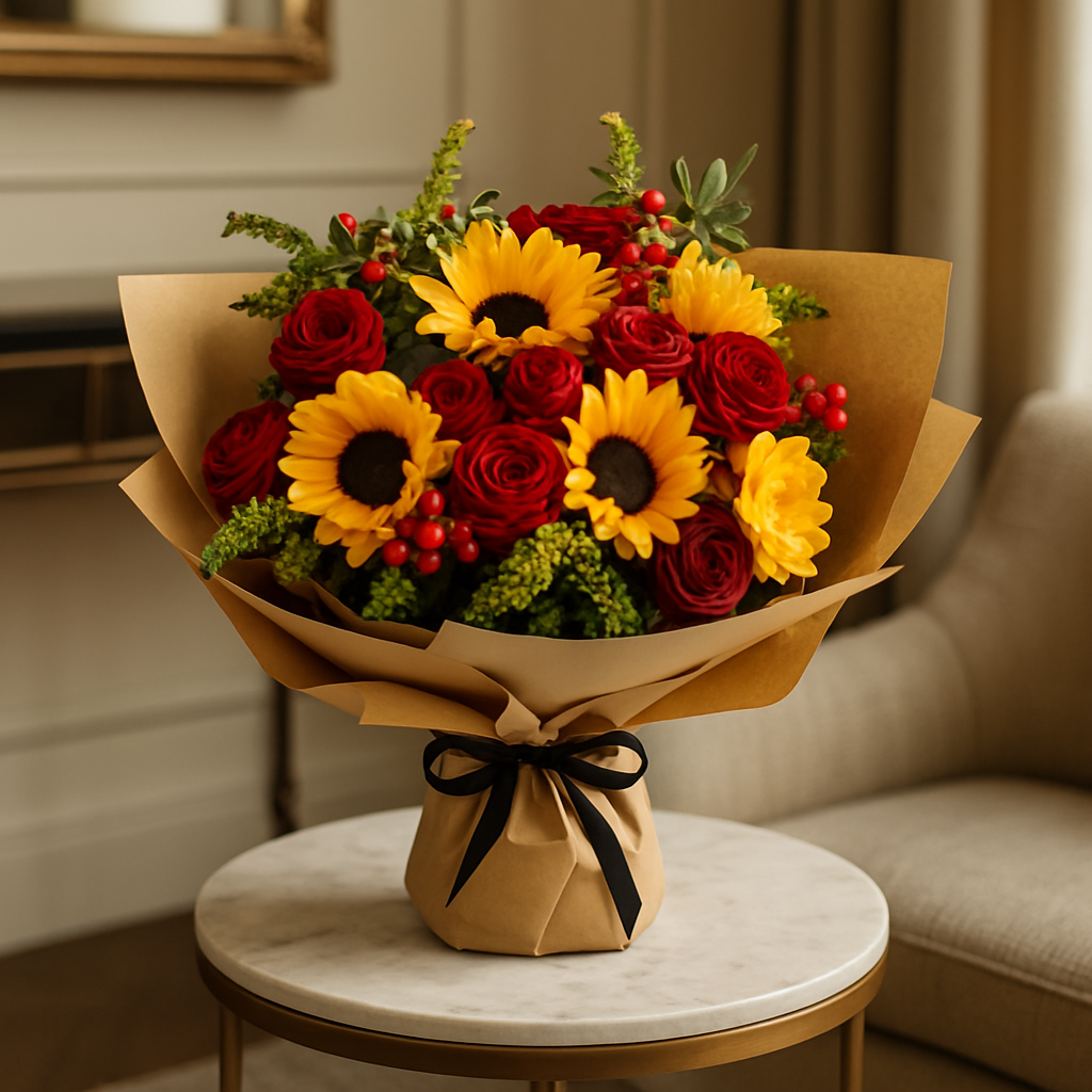 Brighten Your Day – Birthday Roses And Sunflowers Hand-Tied Bouquet