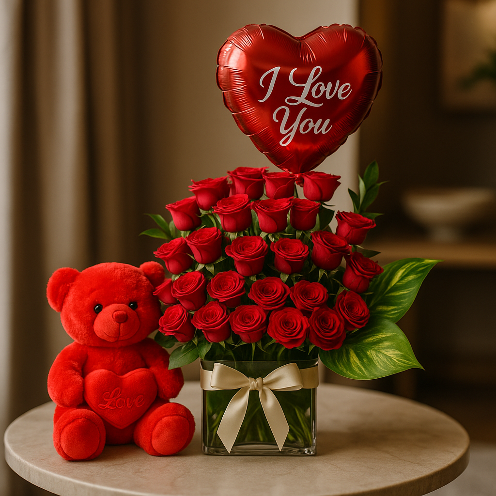 Endless Love Red Roses Gift Combo with Red Teddy Bear