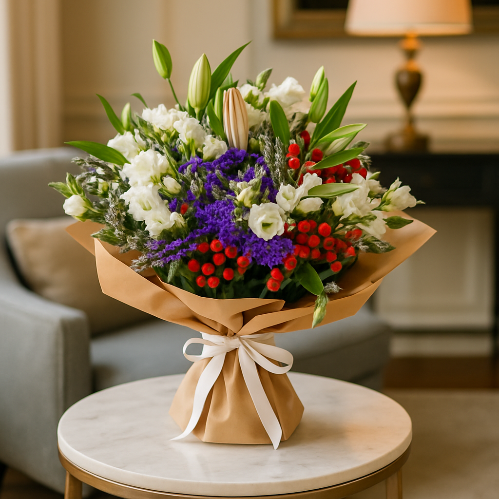 Garden Delight – Birthday Lilies And Alstroemeria Hand-Tied Bouquet