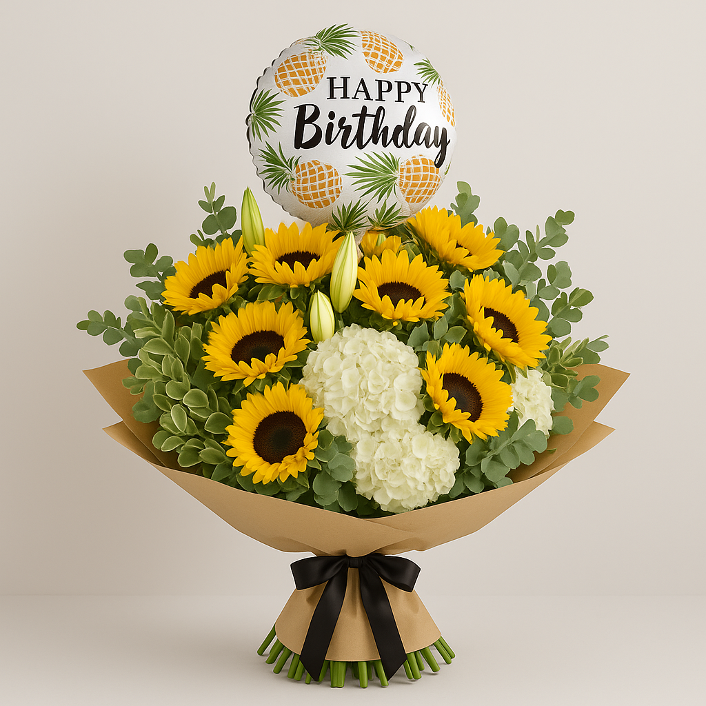 Happy Birthday Combo – Birthday Hydrangea And Sunflowers Floral Gift Set #Size_Deluxe
