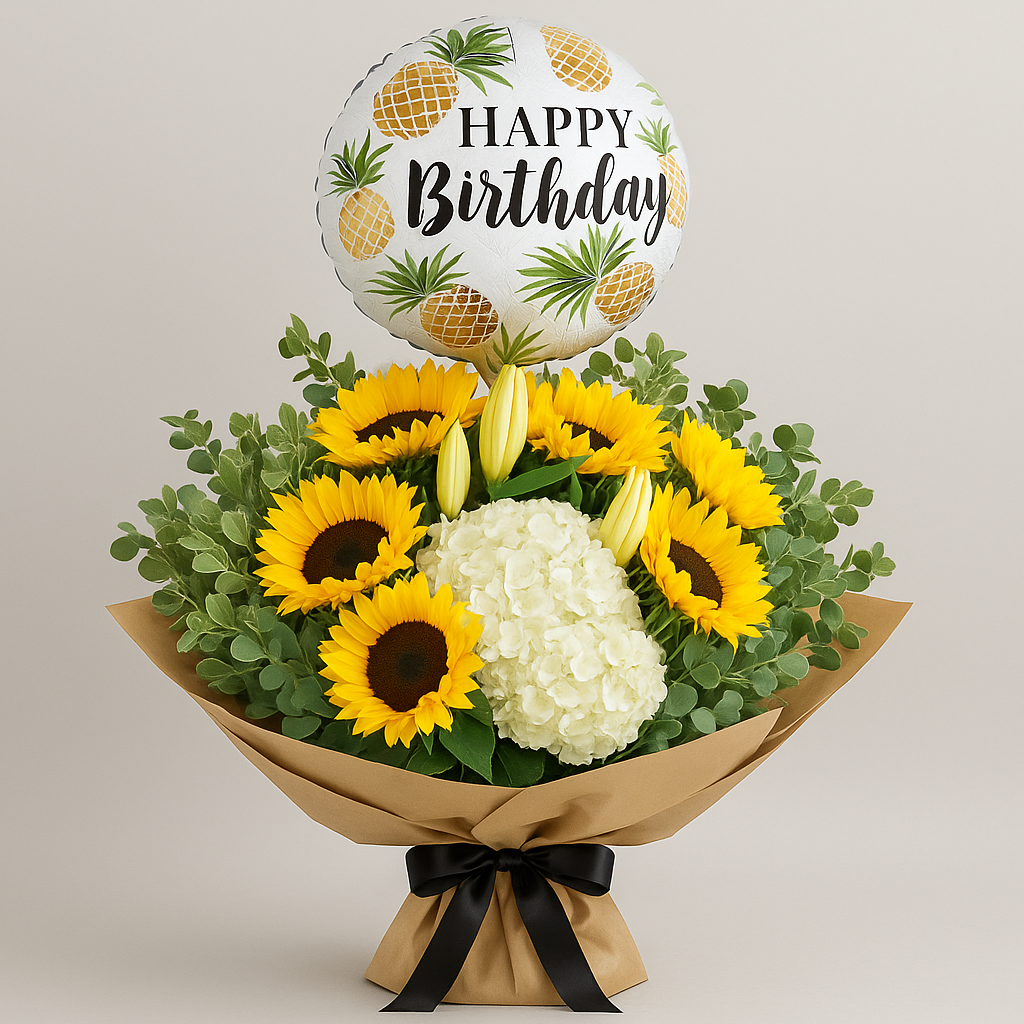 Happy Birthday Combo – Birthday Hydrangea And Sunflowers Floral Gift Set #Size_Grand