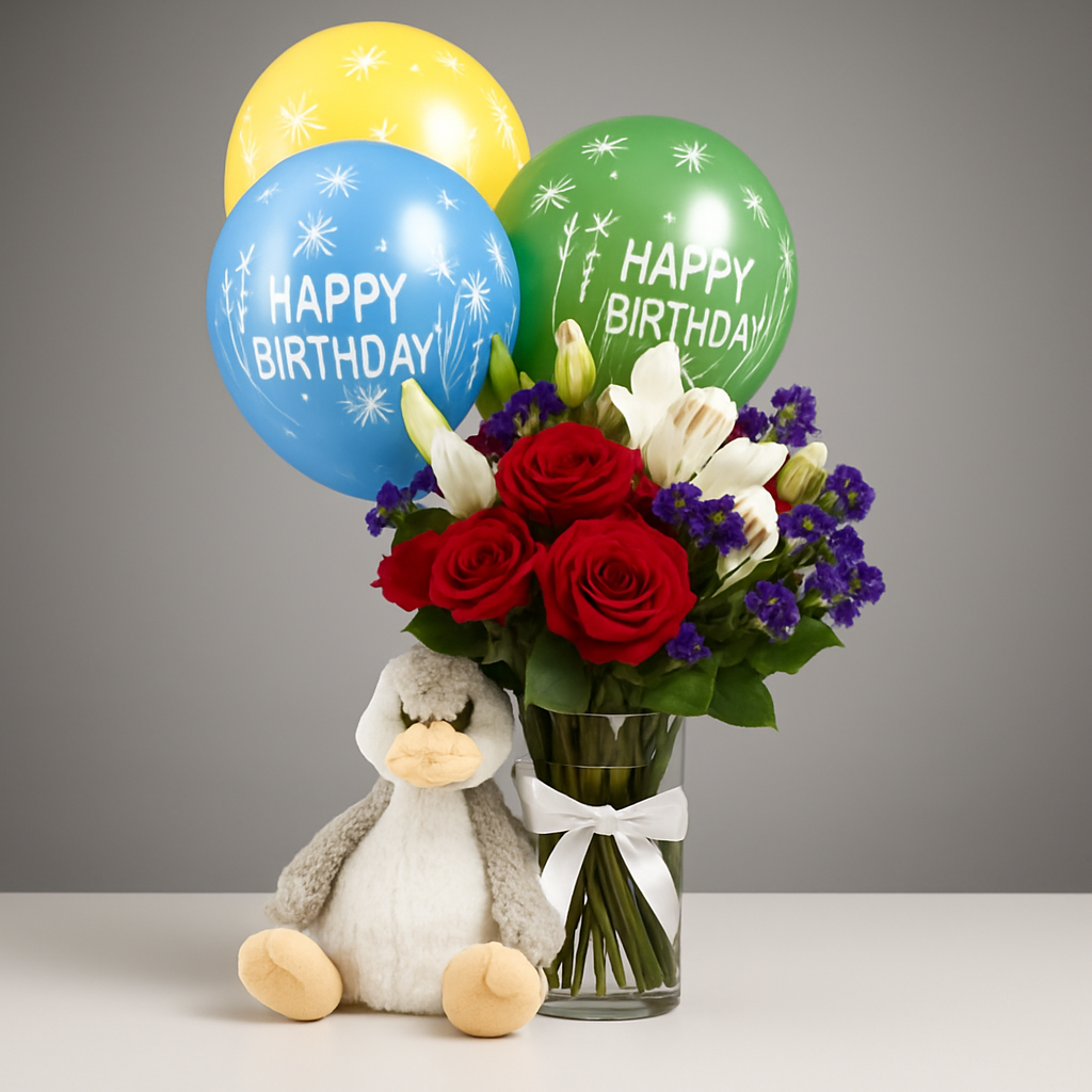 Happy Ducky Birthday Combo – Birthday Roses And Lilies Gift Set #Size_Classic