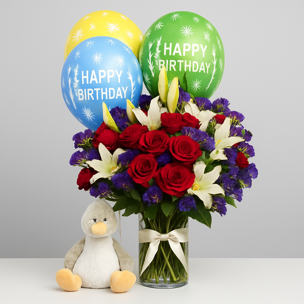 Happy Ducky Birthday Combo – Birthday Roses And Lilies Gift Set #Size_Deluxe