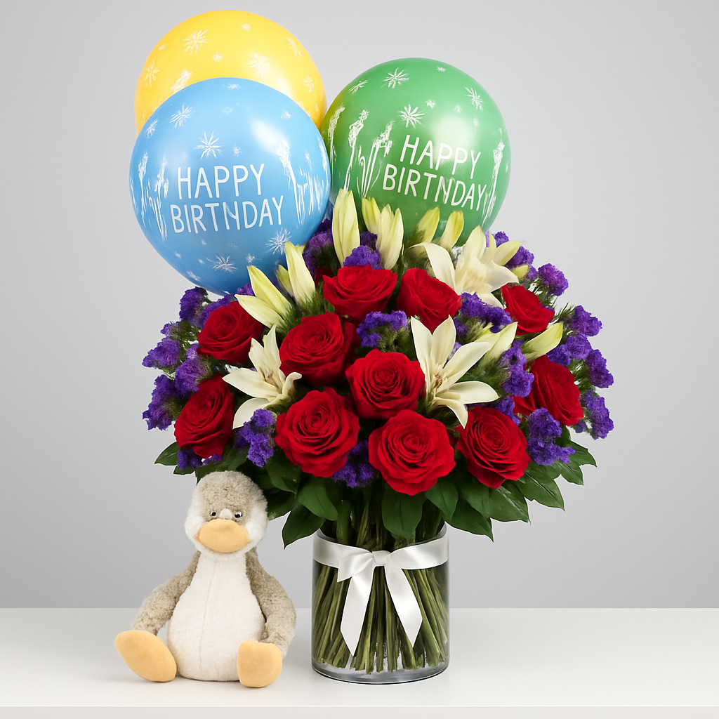 Happy Ducky Birthday Combo – Birthday Roses And Lilies Gift Set #Size_Grand