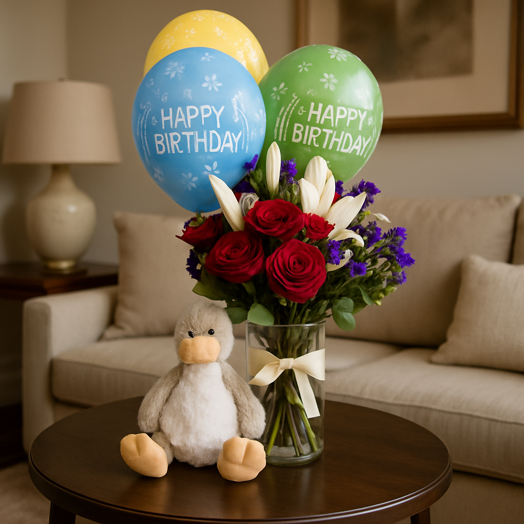 Happy Ducky Birthday Combo – Birthday Roses And Lilies Gift Set