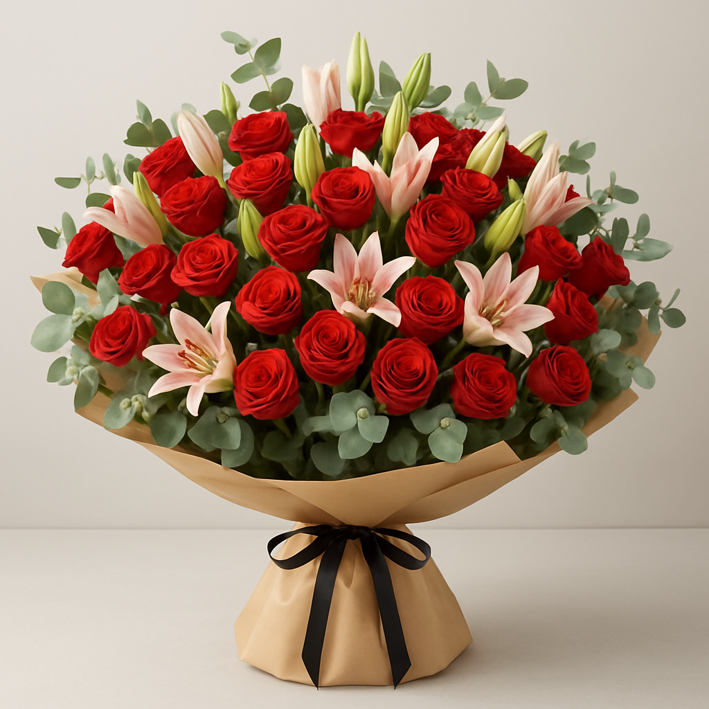 La Fleur – Birthday Roses And Lilies Hand-Tied Bouquet #Size_Grand