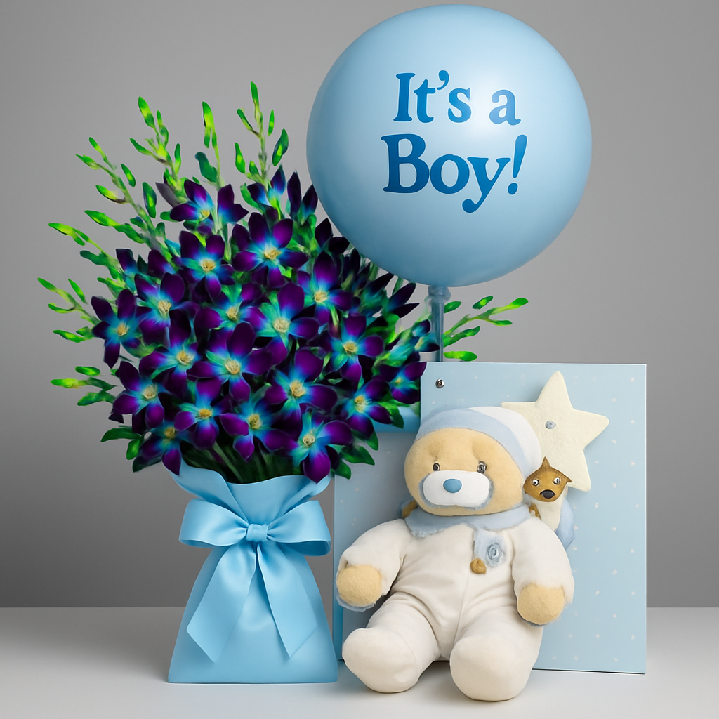 Little Prince Combo - New Baby Boy Gift Set – Birthday Roses And Orchids Gift Set #Size_Grand