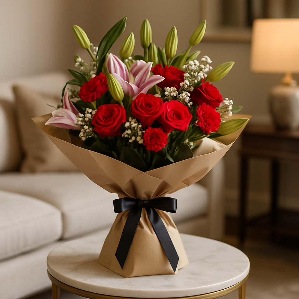 Love Is All Around – Birthday Roses And Lilies Bouquet