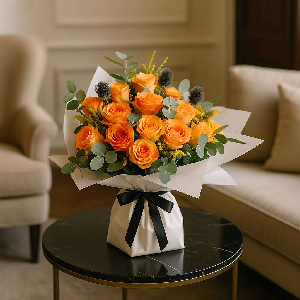 Luscious Bouquet – Birthday Roses And Eucalyptus Bouquet