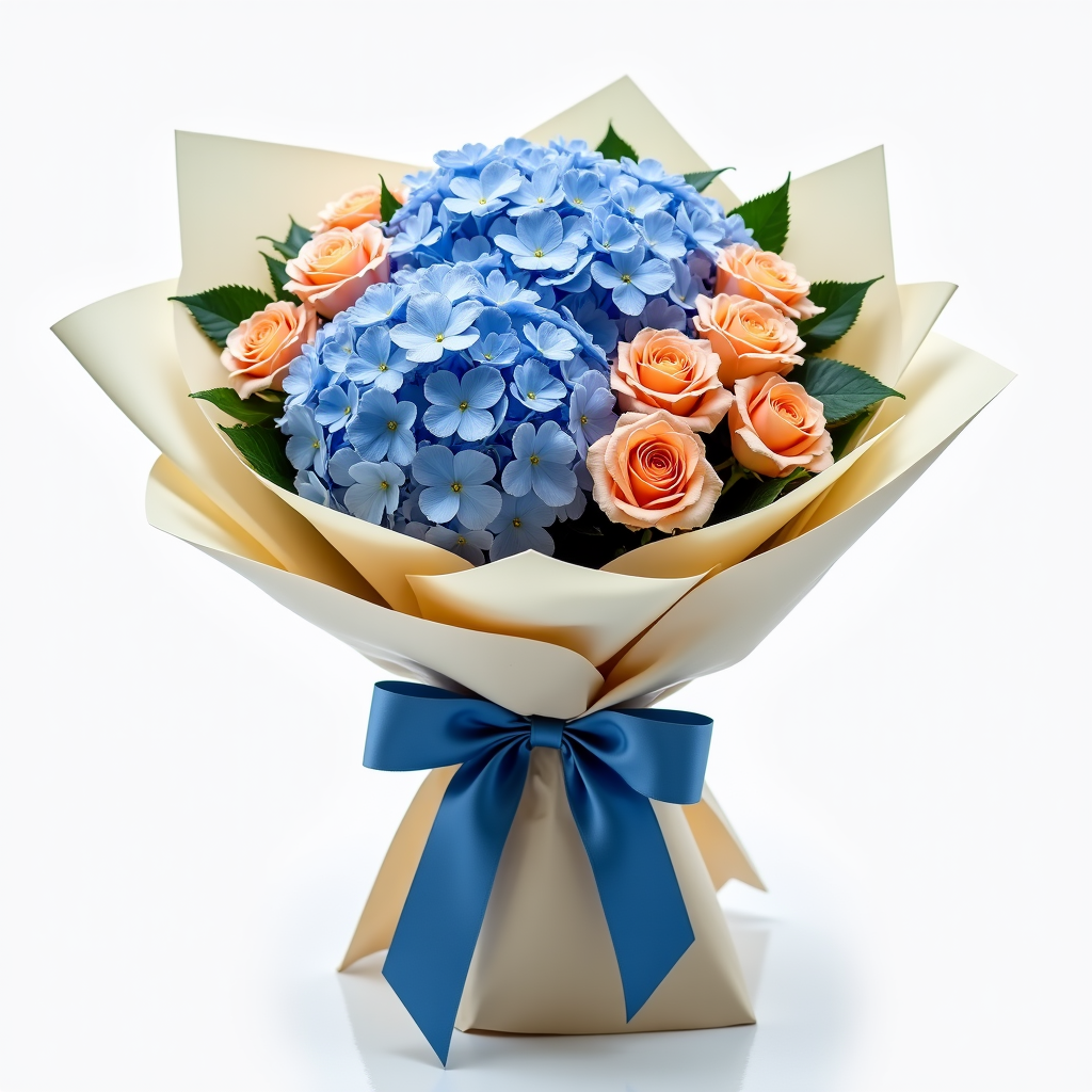 Pastel Blue and Peach Bouquet – Hydrangea And Roses #Size_Grand